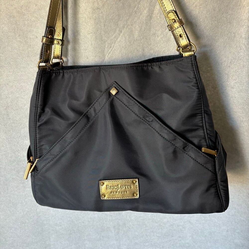 Eric Javits Black Nylon Shoulder Bag Gold Trim Hardware Designer Purse Classic - Picture 3 of 15